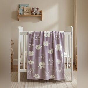 English Home Purple Baby Blanket White Elephant Print 35x47 Cotton Blend Turkish